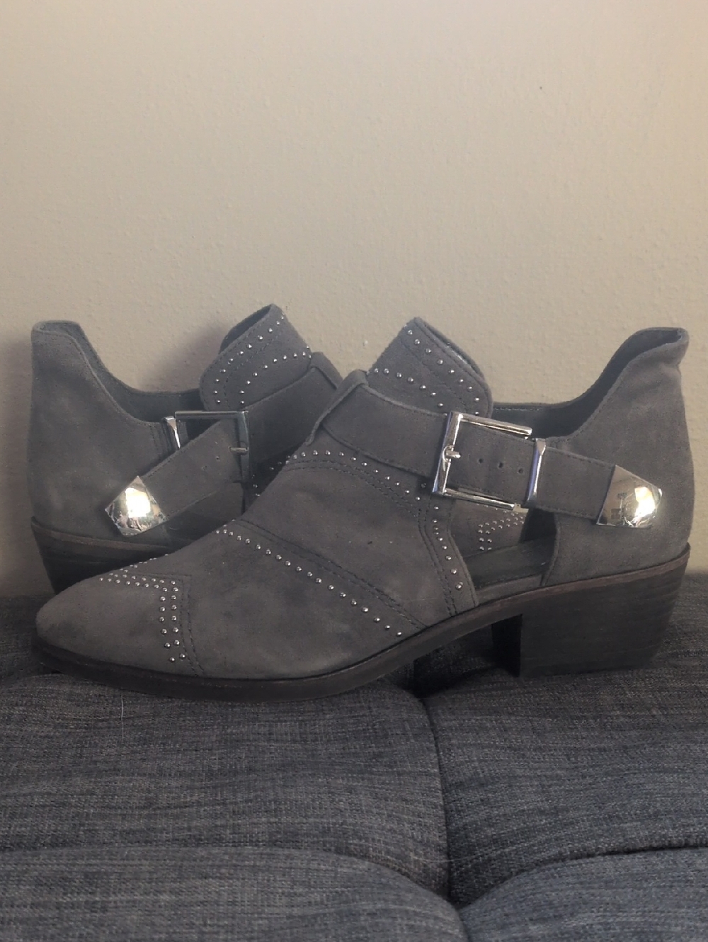 Vince Camuto Raina, Sudded, Gray Suede Cutout Ankle Boot with Silver Buckle